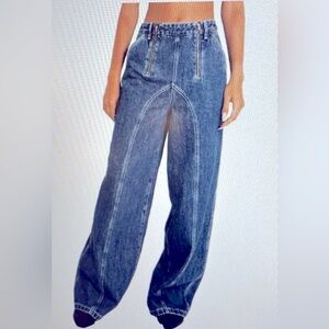 Self-Portrait Indigo Denim High Rise wide Legs Trousers 2 Side Front Zip 28x32”